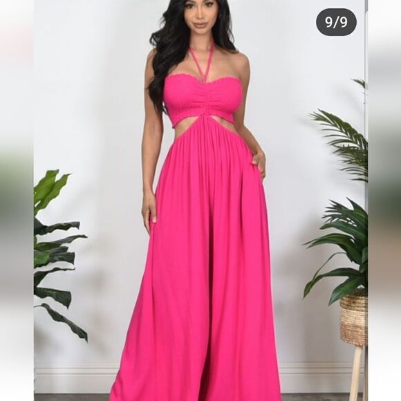 Halter Pink Sparkle Cut Out Casual Summer Ladies Strapless Halter Jumpsuit L - Picture 1 of 16